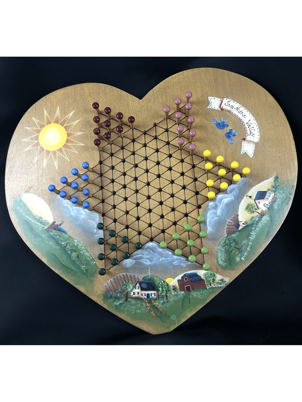 Handmade Wood Board Game Chinese Checkers With Colorful Wooden Pegs Heart Shape
